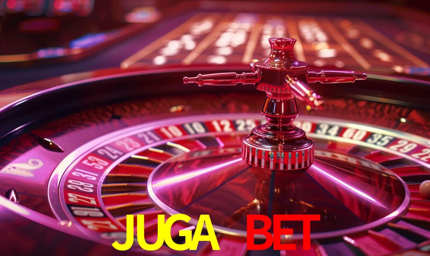 Una escena digital vívida inspirada en casino con JUGA BET mostrado prominentemente, luces brillantes, fichas, cartas y acentos dorados.