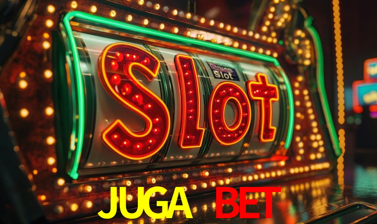 Escena dinámica inspirada en casino con iluminación JUGA BET, cartas, fichas e íconos de juegos digitales en un espacio moderno de juegos.