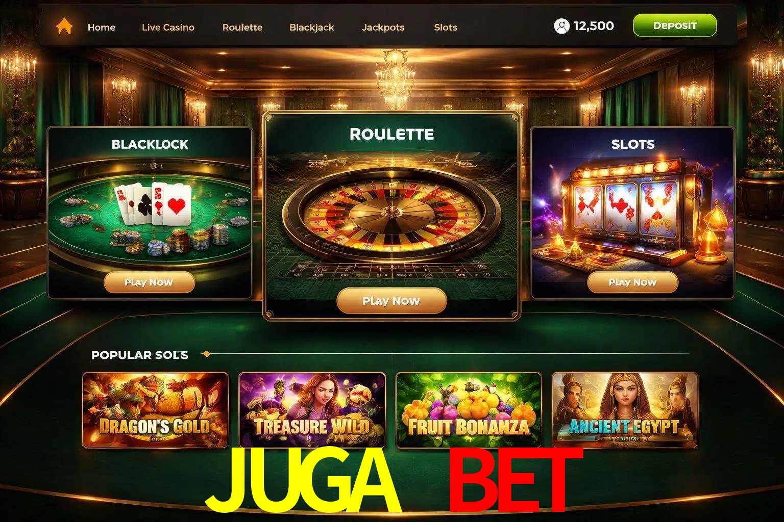 Vista de la plataforma JUGA BET Casino mostrando categorías organizadas de juegos en línea