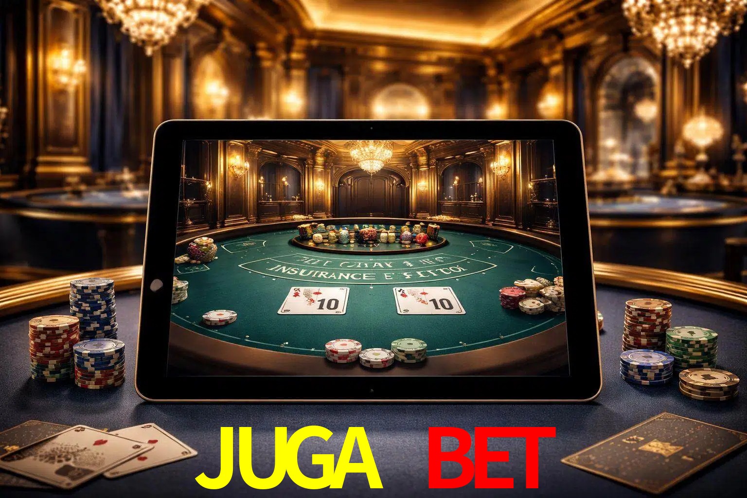Configuración moderna de casino en vivo con una tableta mostrando una mesa de blackjack, luces cálidas de estudio y una atmósfera elegante de juegos digitales.