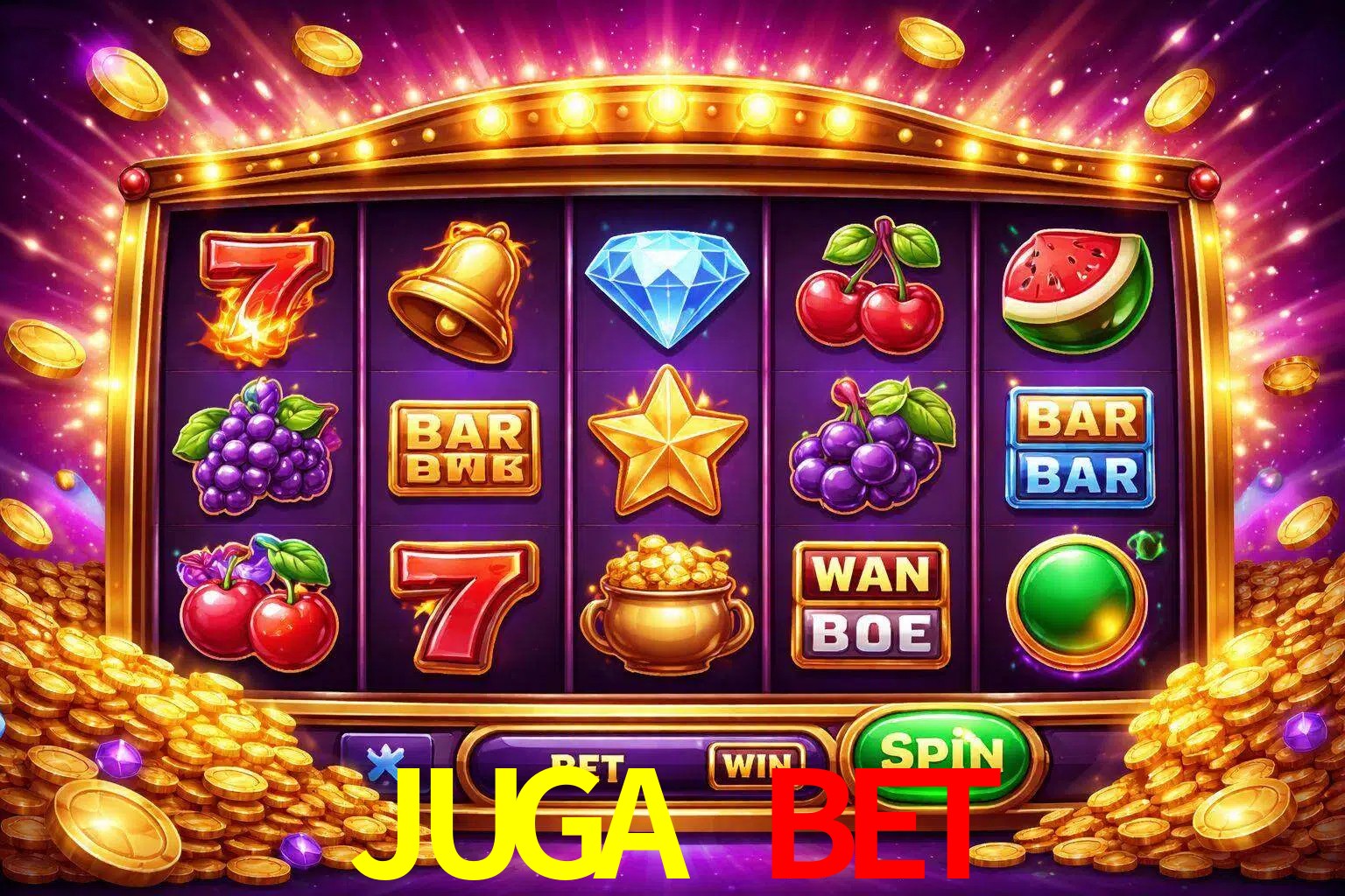 Una interfaz colorida de tragamonedas en línea con símbolos brillantes, monedas y un efecto de victoria celebratoria en JUGA BET.