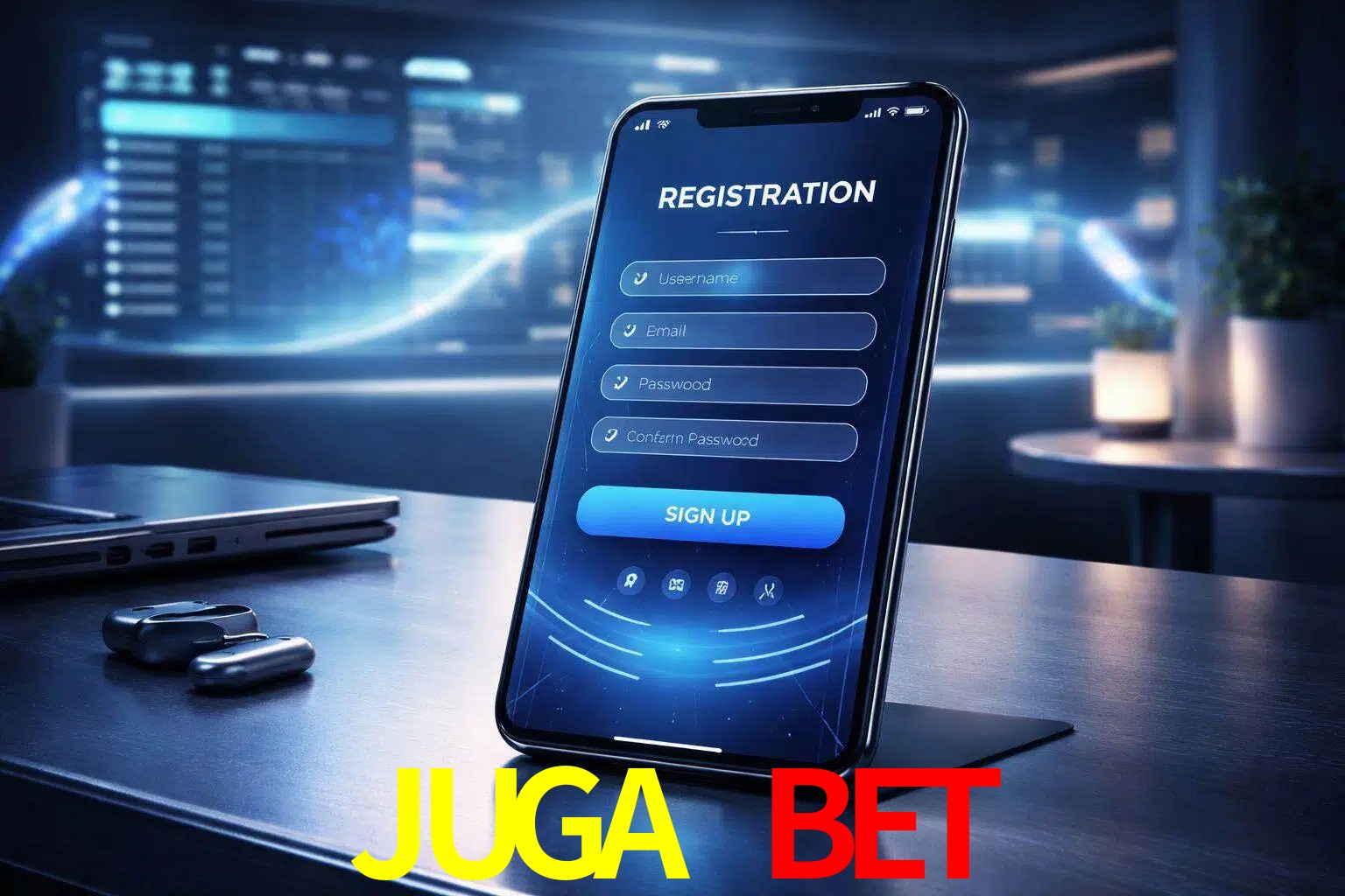 Una interfaz moderna de registro móvil para JUGA BET mostrada en un smartphone con un panel de apuestas elegante.